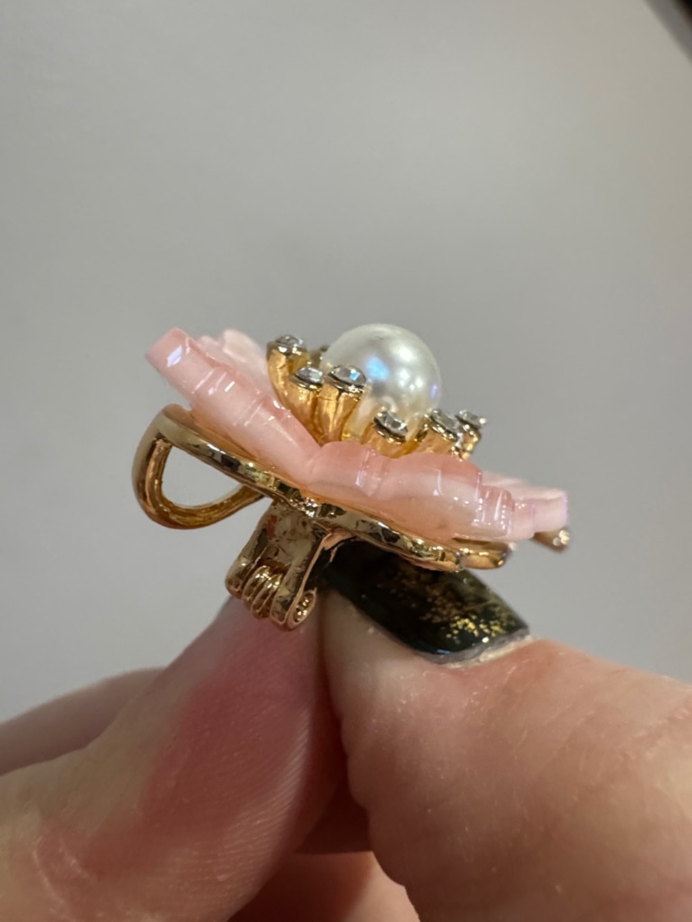 Gold-Tone Pink Flower Brooch with Pearl & Crystals - Women Jewelry - Picture 2 of 4